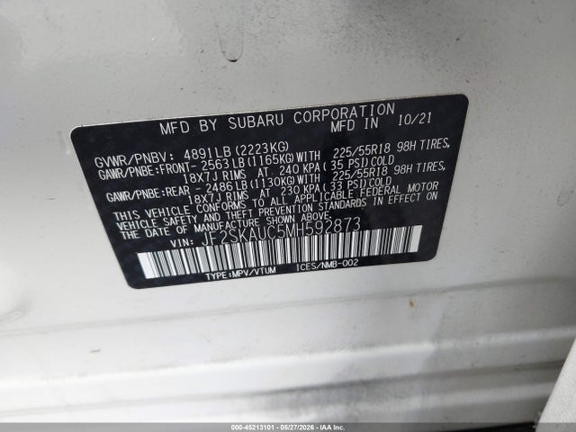 Продаж на аукціоні авто 2021 Subaru Forester Limited, vin: JF2SKAUC5MH592873, номер лоту: 45213101