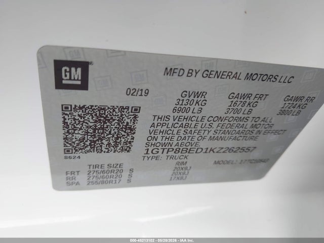 Aukcja sprzedaży 2019 Gmc Sierra 1500 Sle, vin: 1GTP8BED1KZ262557, numer aukcji: 45213102