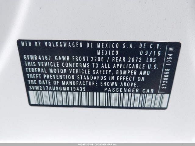 Aukcja sprzedaży 2016 Volkswagen Golf Tsi Se 4-door, vin: 3VW217AU9GM019439, numer aukcji: 45213104