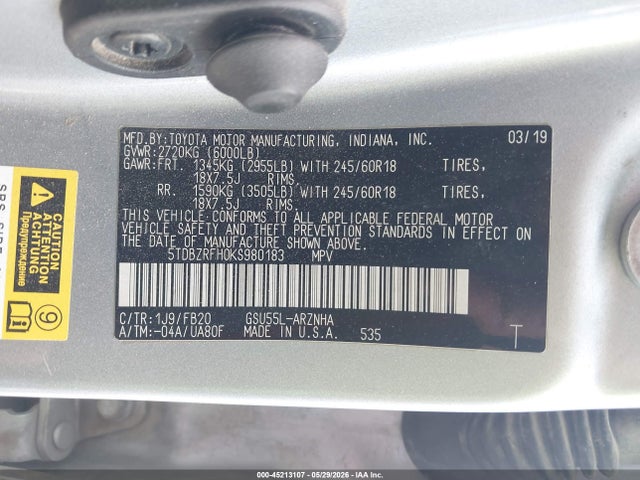 Aukcja sprzedaży 2019 Toyota Highlander Le, vin: 5TDBZRFH0KS980183, numer aukcji: 45213107