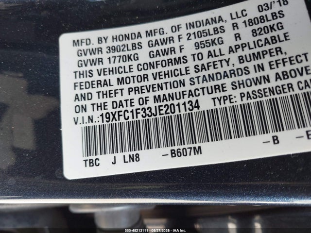 Honda Civic Ex-t 2018 19XFC1F33JE201134 Image 9