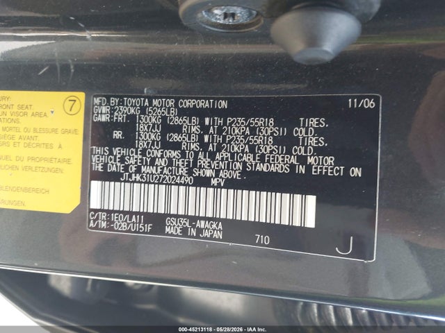 45213118 :رقم المزاد ، JTJHK31U272024490 vin ، 2007 Lexus Rx 350 مزاد بيع