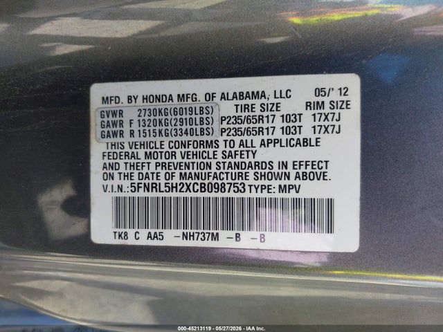 Aukcja sprzedaży 2012 Honda Odyssey Lx, vin: 5FNRL5H2XCB098753, numer aukcji: 45213119