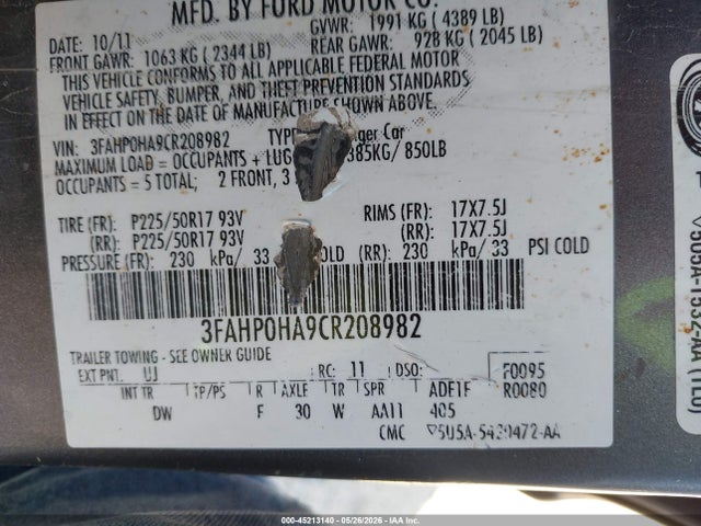 Aukcja sprzedaży 2012 Ford Fusion Se, vin: 3FAHP0HA9CR208982, numer aukcji: 45213140