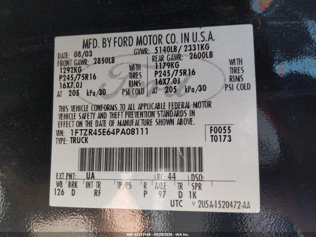 Продаж на аукціоні авто 2004 Ford Ranger Edge/tremor/xlt, vin: 1FTZR45E64PA08111, номер лоту: 45213148
