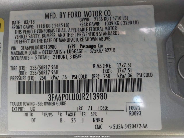 Aukcja sprzedaży 2018 Ford Fusion Hybrid Se, vin: 3FA6P0LU0JR213980, numer aukcji: 45213159