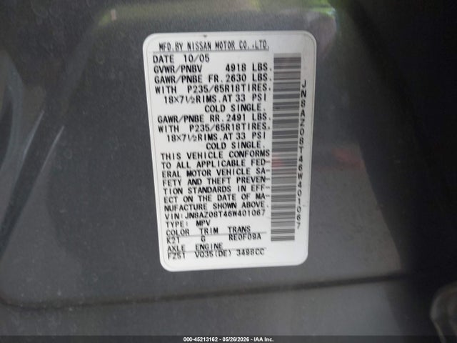 Продаж на аукціоні авто 2006 Nissan Murano Sl, vin: JN8AZ08T46W401067, номер лоту: 45213162