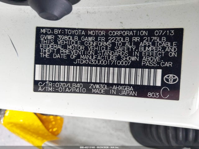 Продаж на аукціоні авто 2013 Toyota Prius Four, vin: JTDKN3DU0D1710007, номер лоту: 45213165