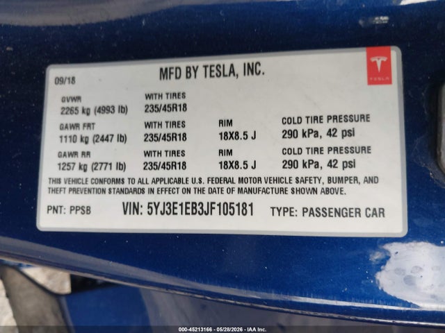 Tesla Model 3 Long Range/performance 2018 5YJ3E1EB3JF105181 Image 9