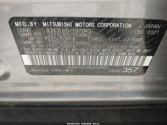 2022 Mitsubishi Outlander Sport 2.0 Be 2wd/2.0 Es 2wd/2.0 Le 2wd/2.0 S 2wd მანქანა იყიდება აუქციონზე, vin: JA4APUAU9NU004907, აუქციონის ნომერი: 45213188
