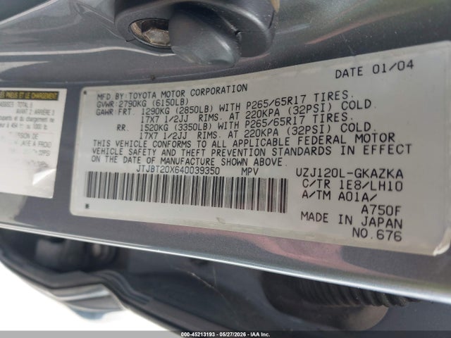 Auction sale of the 2004 Lexus Gx 470, vin: JTJBT20X640039350, lot number: 45213193