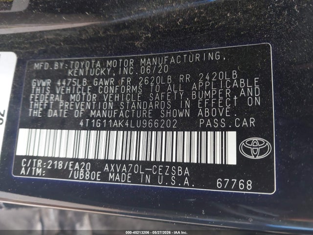 Aukcja sprzedaży 2020 Toyota Camry Se, vin: 4T1G11AK4LU966202, numer aukcji: 45213206