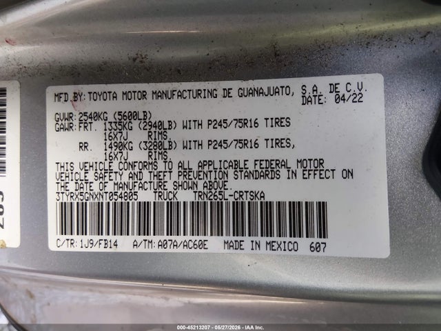 Aukcja sprzedaży 2022 Toyota Tacoma Sr, vin: 3TYRX5GNXNT054805, numer aukcji: 45213207