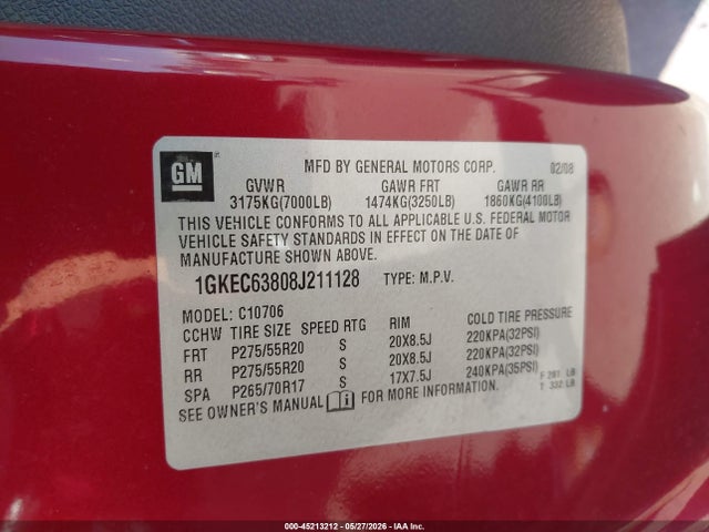 Продажа на аукционе авто 2008 Gmc Yukon Denali, vin: 1GKEC63808J211128, номер лота: 45213212