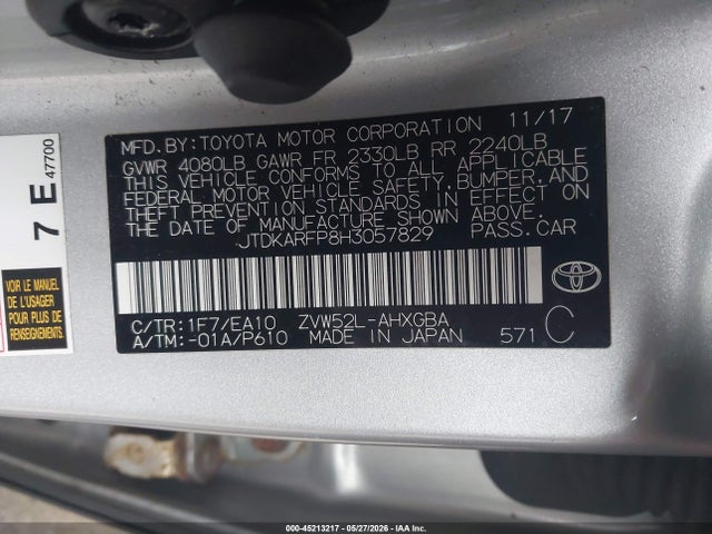 Aukcja sprzedaży 2017 Toyota Prius Prime Premium, vin: JTDKARFP8H3057829, numer aukcji: 45213217