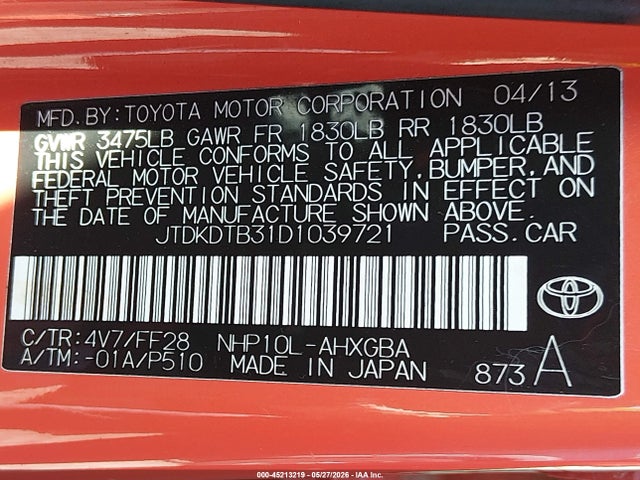 Aukcja sprzedaży 2013 Toyota Prius C Three, vin: JTDKDTB31D1039721, numer aukcji: 45213219