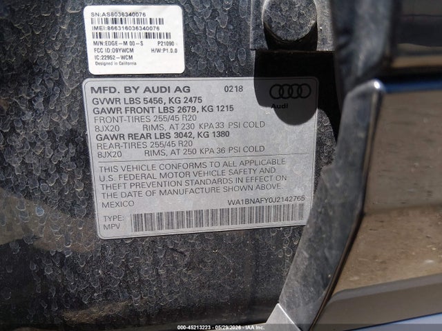 Продаж на аукціоні авто 2018 Audi Q5 2.0t Premium/2.0t Tech Premium, vin: WA1BNAFY0J2142765, номер лоту: 45213223