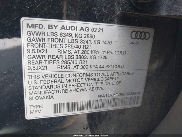 Продаж на аукціоні авто 2021 Audi Q7 Premium Plus 55 Tfsi Quattro Tiptronic, vin: WA1LXAF79MD030674, номер лоту: 45213224