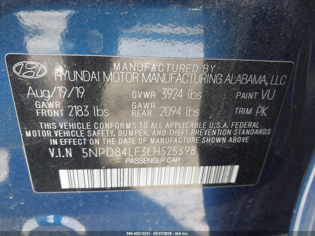 Aukcja sprzedaży 2020 Hyundai Elantra Value Edition, vin: 5NPD84LF3LH525398, numer aukcji: 45213231