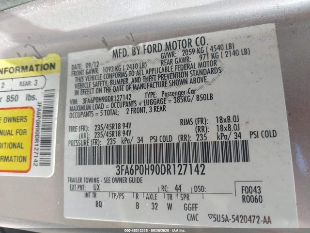 Aukcja sprzedaży 2013 Ford Fusion Se, vin: 3FA6P0H90DR127142, numer aukcji: 45213235