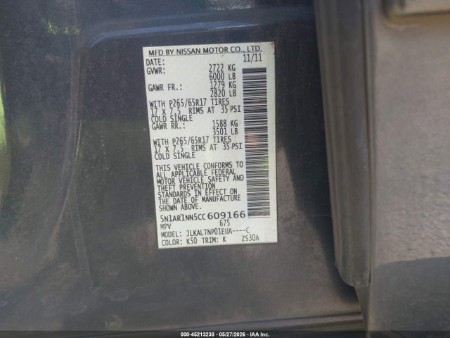 45213238 :رقم المزاد ، 5N1AR1NN5CC609166 vin ، 2012 Nissan Pathfinder Sv مزاد بيع
