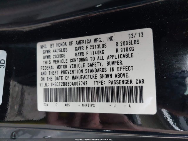 Aukcja sprzedaży 2013 Honda Accord Ex-l V-6, vin: 1HGCT2B85DA007742, numer aukcji: 45213246