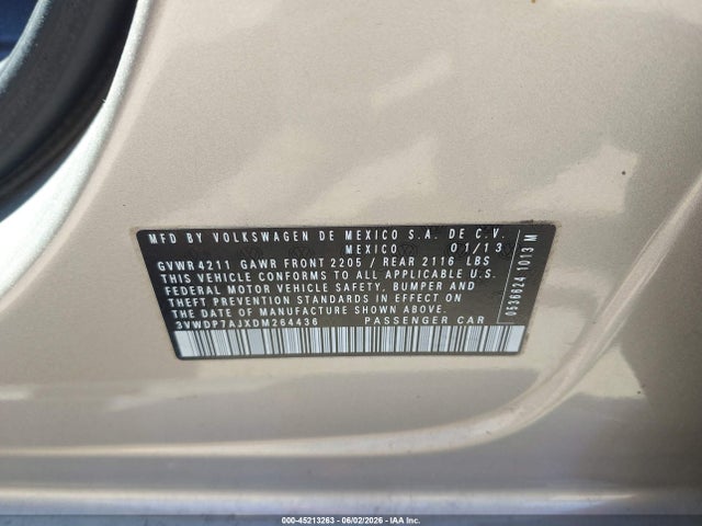 45213263 :رقم المزاد ، 3VWDP7AJXDM264436 vin ، 2013 Volkswagen Jetta 2.5l Se مزاد بيع