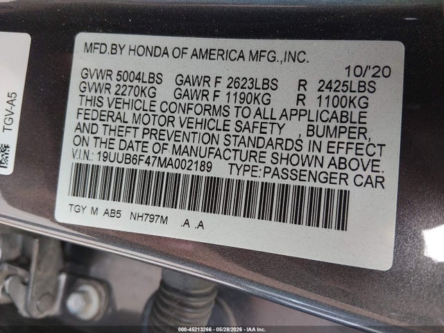 Aukcja sprzedaży 2021 Acura Tlx Technology Package, vin: 19UUB6F47MA002189, numer aukcji: 45213266