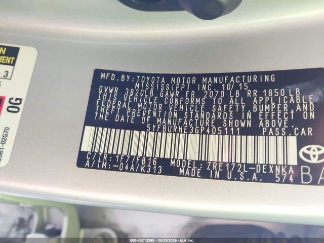 Aukcja sprzedaży 2016 Toyota Corolla Le Plus, vin: 5YFBURHE3GP405111, numer aukcji: 45213269