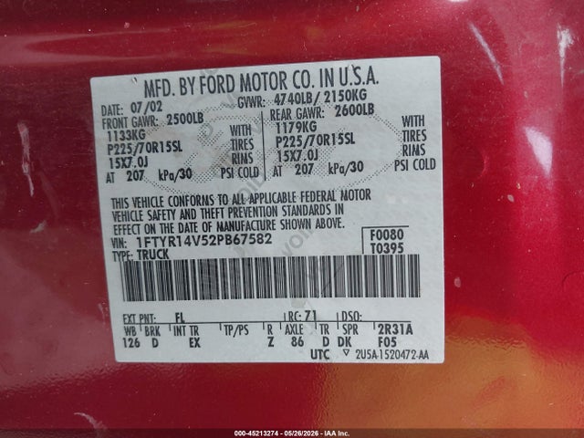 Продаж на аукціоні авто 2002 Ford Ranger Edge/tremor/xl/xlt, vin: 1FTYR14V52PB67582, номер лоту: 45213274