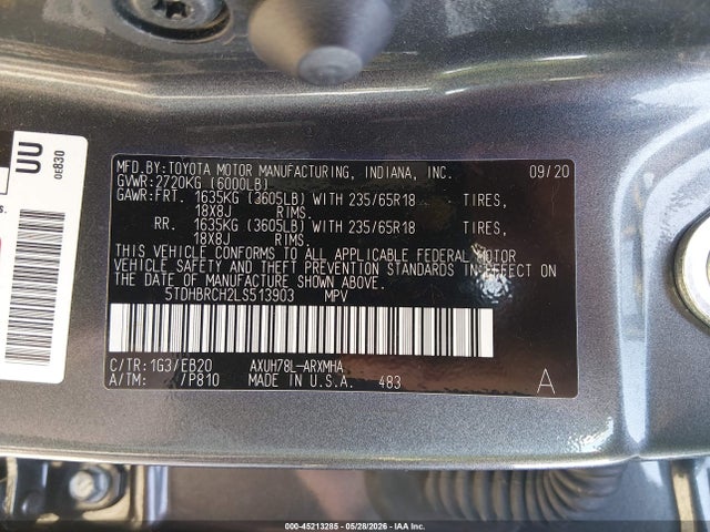 Продаж на аукціоні авто 2020 Toyota Highlander Hybrid Xle, vin: 5TDHBRCH2LS513903, номер лоту: 45213285