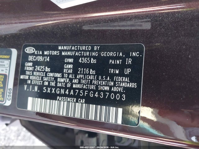 2015 Kia Optima Ex მანქანა იყიდება აუქციონზე, vin: 5XXGN4A75FG437003, აუქციონის ნომერი: 45213287