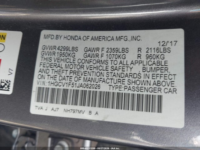 Продаж на аукціоні авто 2018 Honda Accord Ex-l, vin: 1HGCV1F51JA062026, номер лоту: 45213289
