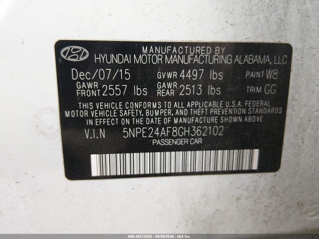5NPE24AF8GH362102 Hyundai SONATA SE