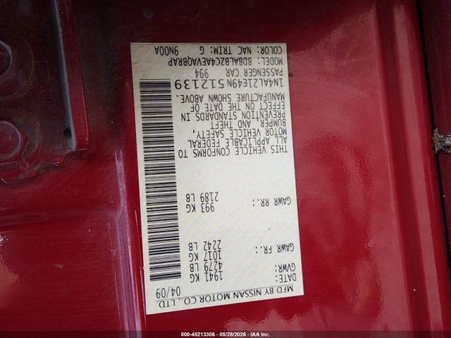 Продаж на аукціоні авто 2009 Nissan Altima 2.5 S, vin: 1N4AL21E49N512139, номер лоту: 45213306