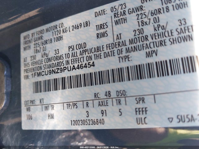 Продажа на аукционе авто 2023 Ford Escape St-line Select, vin: 1FMCU9NZ9PUA46454, номер лота: 45213308
