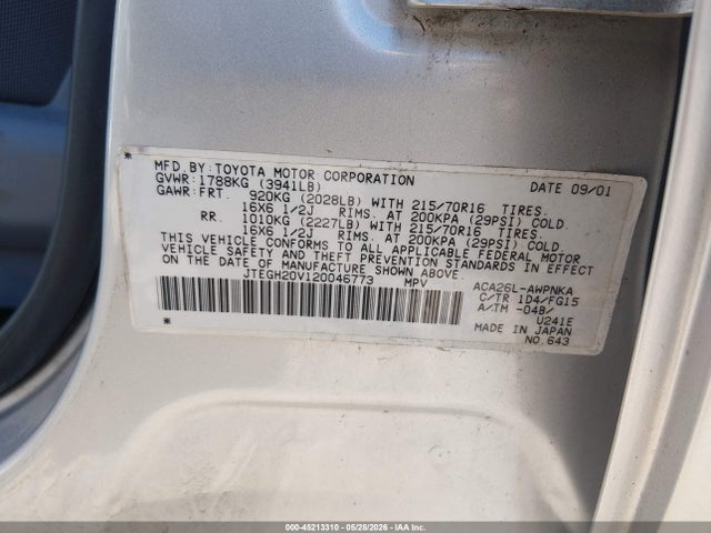 Продаж на аукціоні авто 2002 Toyota Rav4, vin: JTEGH20V120046773, номер лоту: 45213310