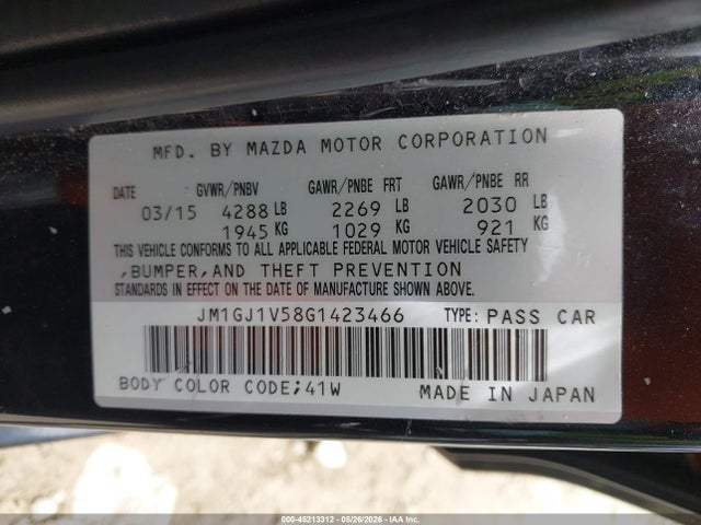 45213312 :رقم المزاد ، JM1GJ1V58G1423466 vin ، 2016 Mazda Mazda6 I Touring مزاد بيع