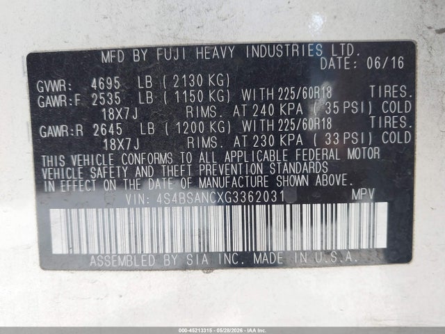 Продажа на аукционе авто 2016 Subaru Outback 2.5i Limited, vin: 4S4BSANCXG3362031, номер лота: 45213315