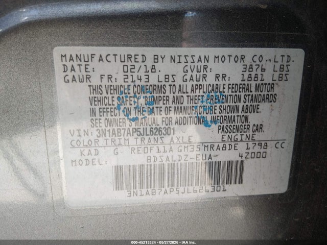 3N1AB7AP5JL626301 Nissan SENTRA SV