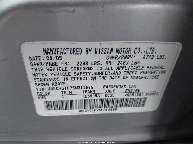Aukcja sprzedaży 2005 Infiniti G35x, vin: JNKCV51F75M312569, numer aukcji: 45213331