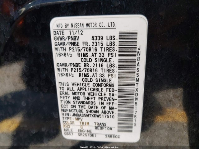 45213332 :رقم المزاد ، JN8AS5MTXDW517510 vin ، 2013 Nissan Rogue S مزاد بيع