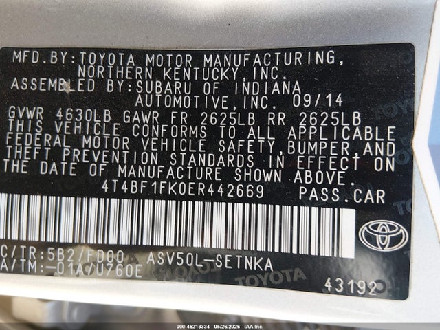 4T4BF1FK0ER442669 Toyota CAMRY LE