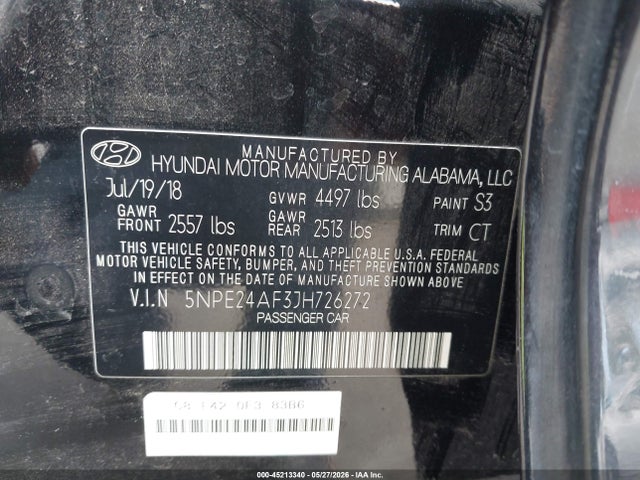 Aukcja sprzedaży 2018 Hyundai Sonata Se, vin: 5NPE24AF3JH726272, numer aukcji: 45213340