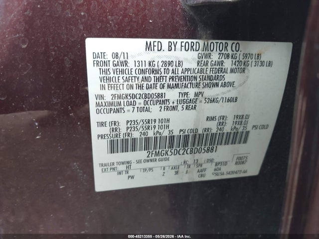 45213355 :رقم المزاد ، 2FMGK5DC2CBD05881 vin ، 2012 Ford Flex Limited مزاد بيع