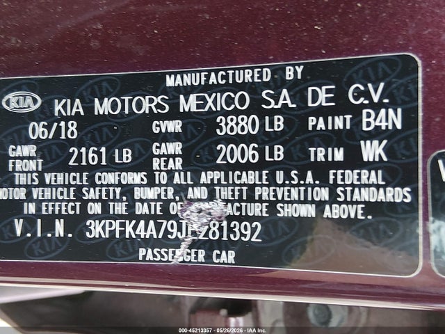 Продаж на аукціоні авто 2018 Kia Forte Lx, vin: 3KPFK4A79JE281392, номер лоту: 45213357