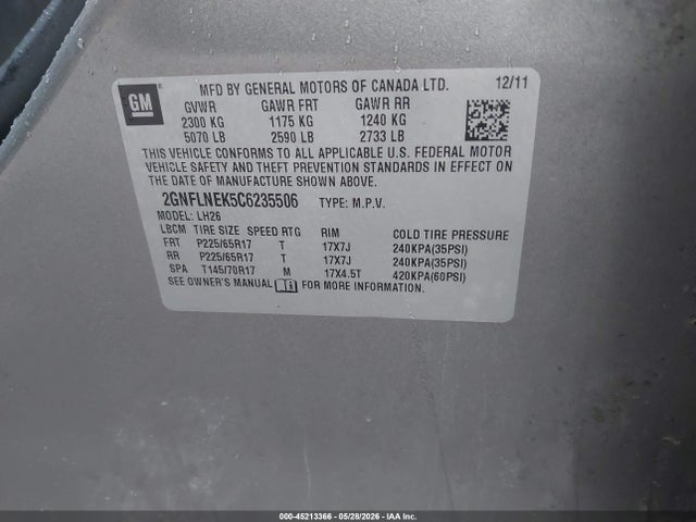 45213366 :رقم المزاد ، 2GNFLNEK5C6235506 vin ، 2012 Chevrolet Equinox 2lt مزاد بيع