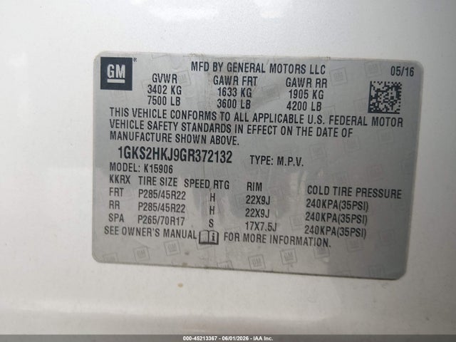 45213367 :رقم المزاد ، 1GKS2HKJ9GR372132 vin ، 2016 Gmc Yukon Xl Denali مزاد بيع