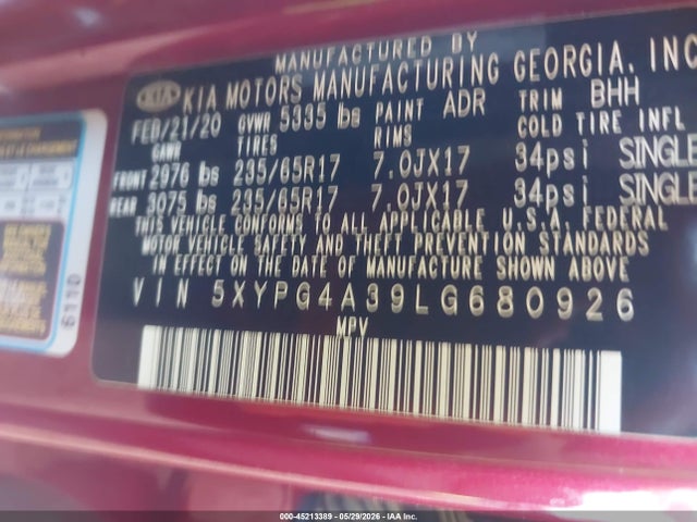 Aukcja sprzedaży 2020 Kia Sorento 2.4l Lx, vin: 5XYPG4A39LG680926, numer aukcji: 45213389