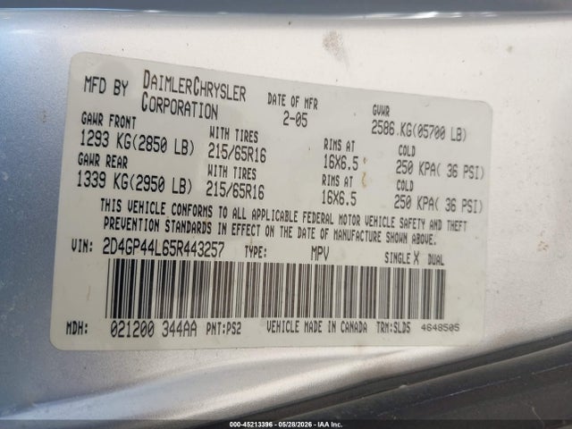 45213396 :رقم المزاد ، 2D4GP44L65R443257 vin ، 2005 Dodge Grand Caravan Sxt مزاد بيع